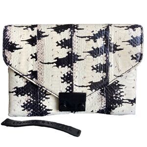 Loeffler Randall Snakeskin Leather Black White Clutch  Embossed  Envelope Lock